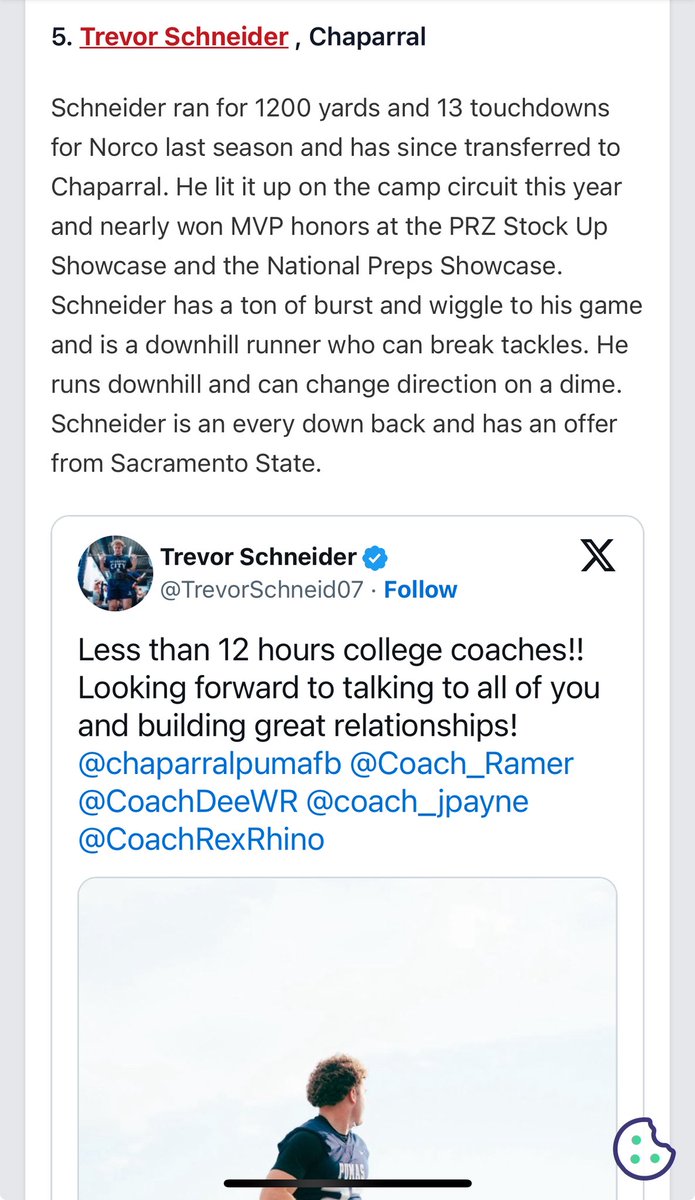 Trevor Schneider (@trevorschneid07) on Twitter photo Thank you <a href="/mikehuntley63/">Michael Huntley</a> for the great write up!! Junior season loading! <a href="/PrepRedzoneCA/">Prep Redzone California</a> <a href="/chaparralpumafb/">Chaparral Puma Football</a> <a href="/Coach_Ramer/">Coach Ramer</a> <a href="/CoachDeeWR/">D’Vonte McKneely</a> <a href="/coach_jpayne/">Jason Payne</a> Thank you <a href="/mikehuntley63/">Michael Huntley</a> for the great write up!! Junior season loading! <a href="/PrepRedzoneCA/">Prep Redzone California</a> <a href="/chaparralpumafb/">Chaparral Puma Football</a> <a href="/Coach_Ramer/">Coach Ramer</a> <a href="/CoachDeeWR/">D’Vonte McKneely</a> <a href="/coach_jpayne/">Jason Payne</a>