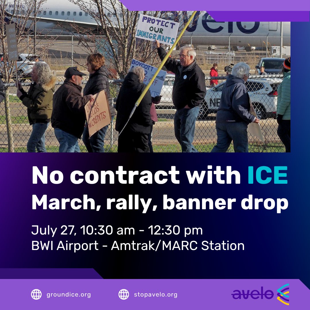 WordsThatWin's tweet photo. Avelo Airlines is cashing in on deportations. They took $150M from ICE to run flights that tear families apart. We won’t be silent.

🗓️ July 27, 10:30 am - 12:30 pm
📍Amtrak/MARC Station, 7 Amtrak Way, BWI Airport. March, rally, banner drop over 195 Hwy overpass.
cc @AprilDRyan https://t.co/66fNxdSxyK