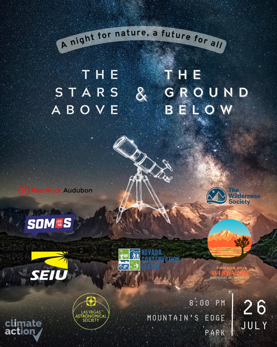 New location! 🔭 Join Somos, Climate Action, and other amazing partners under the Nevadan desert sky for an evening of family friendly stargazing and community. This gathering will celebrate the natural beauty of Nevada’s public lands and shed light on the urgent need to protect