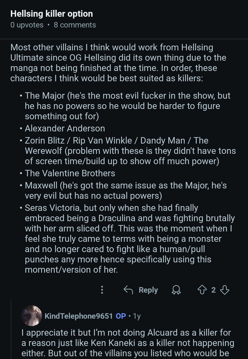 anotheridiot34's tweet image. I was looking at Hellsing chapter concepts on the DBD subreddit, and holy shit that last reply did not age well at all 😭