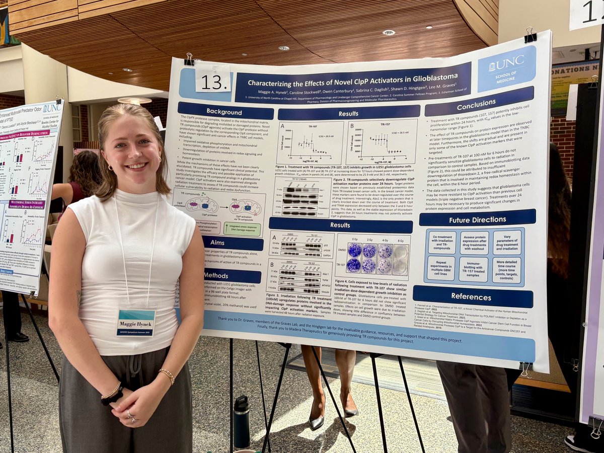 UNC_PHCO's tweet image. 💡 As always, Carolina Summer Fellow Maggie Hynek made strides in Dr. Lee Graves’ lab testing new compounds that might help fight brain cancer. This work could change lives! #CarolinaSummer