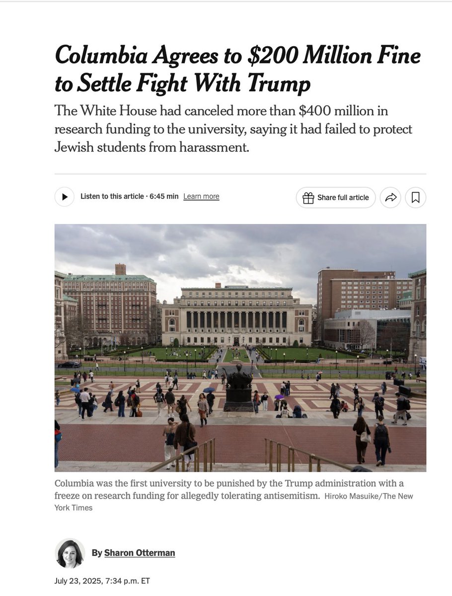 BrandonWarmke's tweet image. Columbia agrees to pay a $200m fine to settle more than a half-dozen open civil rights investigations into the university.

&quot;Columbia will also pledge to follow laws banning the consideration of race in admissions and hiring...&quot;