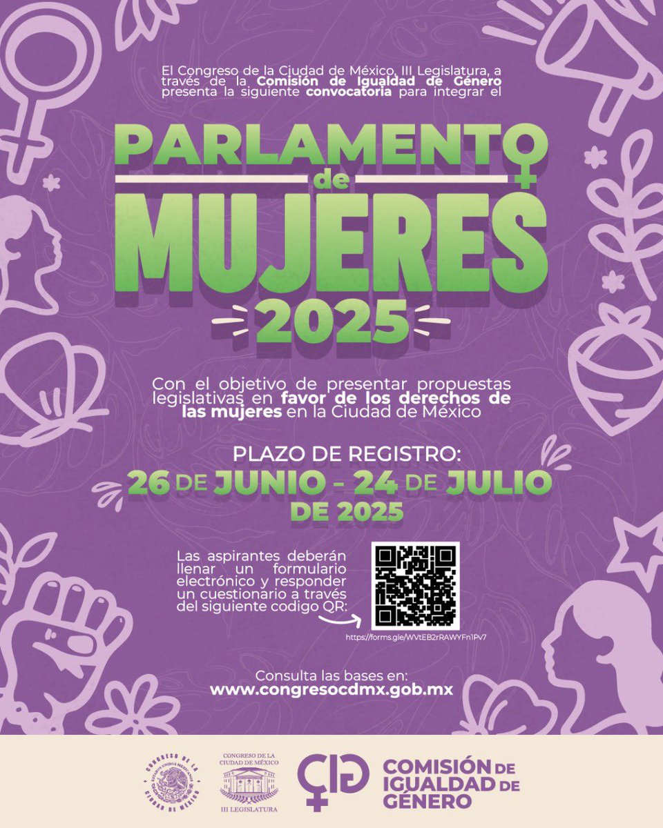 Ceci_vadillo's tweet image. 💜💚De la lucha en las calles a las leyes🤓
⚠️Son los últimos 2️⃣ días para apuntarte y participar en el:
🎤👩🏻👩🏻🦱PARLAMENTO DE MUJERES DEL CONGRESO DE LA CIUDAD DE MÉXICO 2025👩🏻🦱👩🏻🎤
Participan todas las mujeres mayores de 18 años de nacionalidad mexicana y con residencia en la…