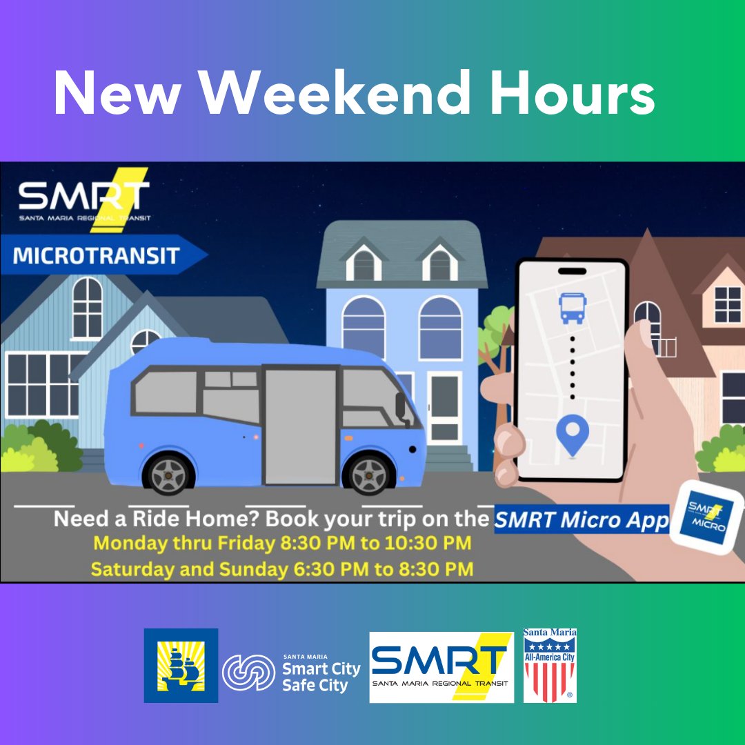 City_SantaMaria's tweet image. We’re excited to announce that Microtransit now runs on weekends from 6:30 to 8:30 PM — and it’s completely FREE to ride! Nos complace anunciar que Microtransit ahora funciona los fines de semana de 18:30 a 20:30, ¡y es completamente GRATIS! #SantaMaria #SMRT #RideSMRT
