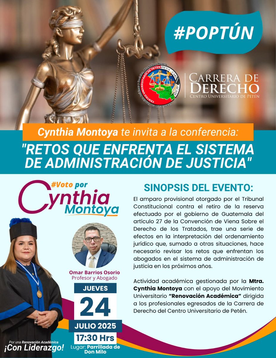 CEDEguate's tweet image. CEDE A POPTÚN Y FLORES, PETÉN.
Jueves 24 y viernes 25 de julio de 2025
La docencia y abogacía me han permitido exponer ideas, conocimientos y experiencias en Guatemala* y el extranjero, pero uno de mis lugares favoritos siempre es Petén, es un honor poder compartir con colegas,…