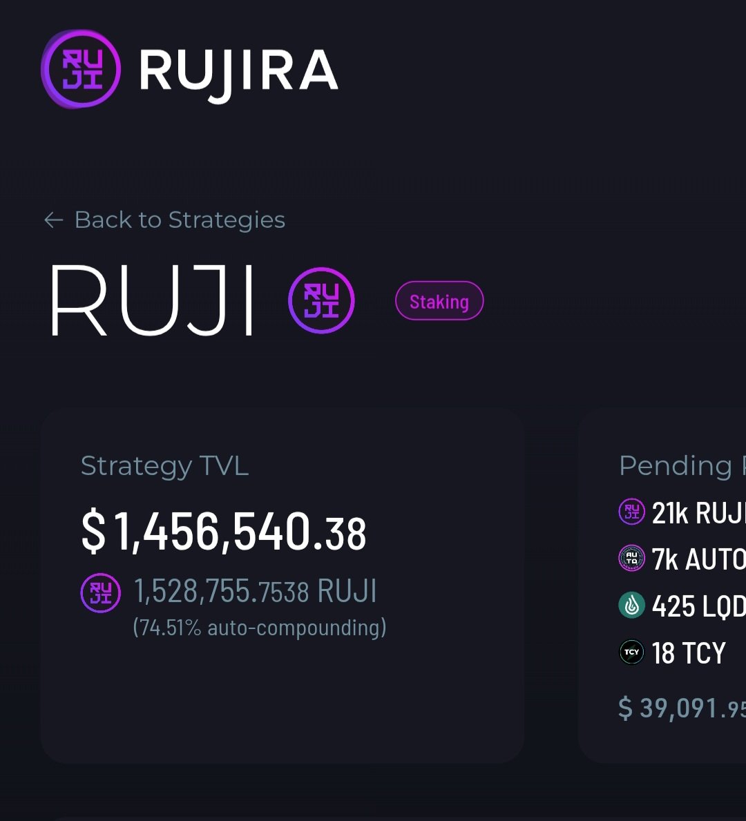 CX_Cosmos's tweet image. 1.5% of all $RUJI staked, 74.5% autocompounding. That means two thirds of @RujiraNetwork fees will be buying back $RUJI and paying stakers. When the real engines start firing, there could be fireworks 🤞