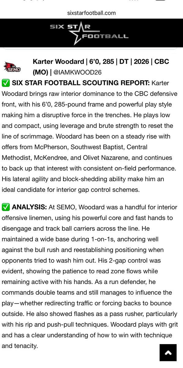 IAMKWOOD26's tweet image. Thank you @sixstarfootball for the write up from the SEMO camp! @JPRockMO @coachrcoon @CoachEHeifner