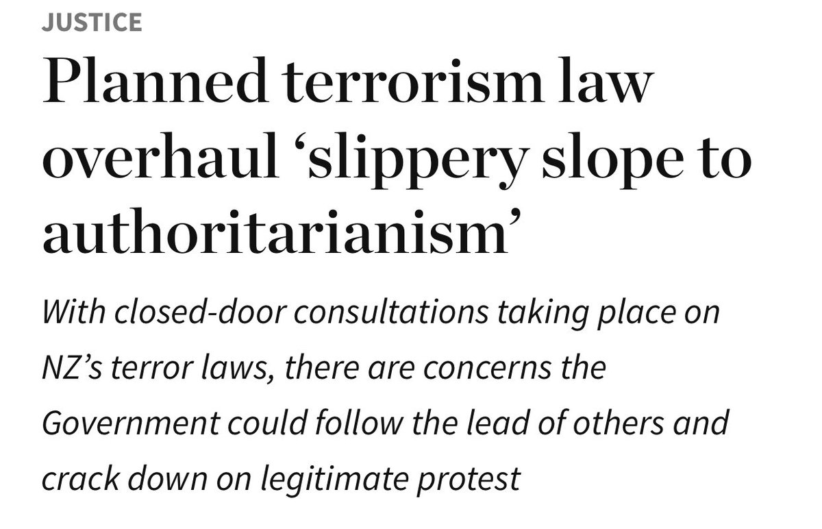 TheZeitgeistNZ's tweet image. The Government is working on some concerning changes to the Terrorism Suppression Act that have big free speech implications and might outlaw legitimate forms of protest.
The changes were recommended by the Royal Commission of Inquiry into the Christchurch Terror attack and…