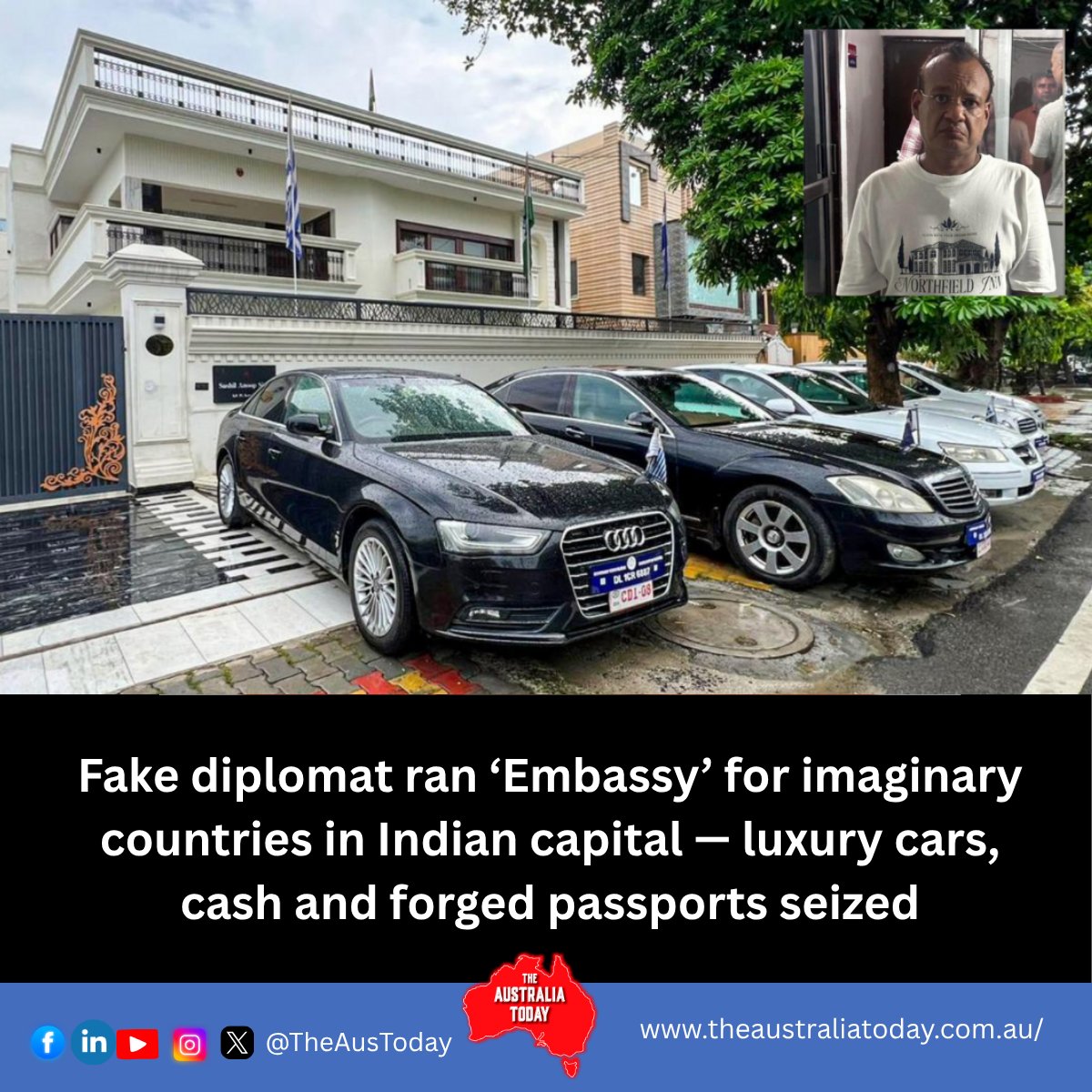 The Australia Today (@theaustoday) on Twitter photo Fake diplomat ran ‘#Embassy’ for imaginary countries in Indian capital — luxury cars, cash and forged passports seized
Read here: theaustraliatoday.com.au/fake-diplomat-…
<a href="/DrAmitSarwal/">Dr Amit Sarwal 🇮🇳 🇦🇺</a> <a href="/ShailendraBSing/">Dr Shailendra B Singh</a> <a href="/Pallavi_Aus/">Pallavi Jain</a> <a href="/JitarthJai/">jitarth jai bharadwaj vs जितार्थ जय भारद्वाज</a> #ScamAlert #SCAMMER #scamming #ScamAwareness <a href="/MEAIndia/">Randhir Jaiswal</a> Fake diplomat ran ‘#Embassy’ for imaginary countries in Indian capital — luxury cars, cash and forged passports seized
Read here: theaustraliatoday.com.au/fake-diplomat-…
<a href="/DrAmitSarwal/">Dr Amit Sarwal 🇮🇳 🇦🇺</a> <a href="/ShailendraBSing/">Dr Shailendra B Singh</a> <a href="/Pallavi_Aus/">Pallavi Jain</a> <a href="/JitarthJai/">jitarth jai bharadwaj vs जितार्थ जय भारद्वाज</a> #ScamAlert #SCAMMER #scamming #ScamAwareness <a href="/MEAIndia/">Randhir Jaiswal</a>