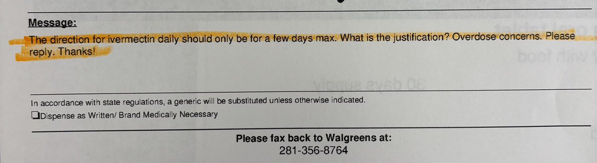 Walgreens pharmacist just refused to fill my ivermectin prescription. 

“The direction for ivermectin daily should only be for a few days max. What is the justification?”