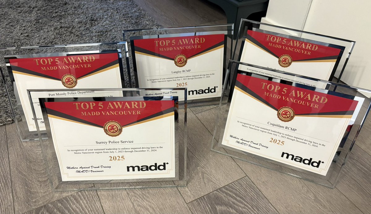 We are pleased to announce the results of our third “Top 5” awards, presented to Metro Vancouver area police jurisdictions for impaired driving enforcement:

Delta
Port Moody
Surrey
Coquitlam
Langley