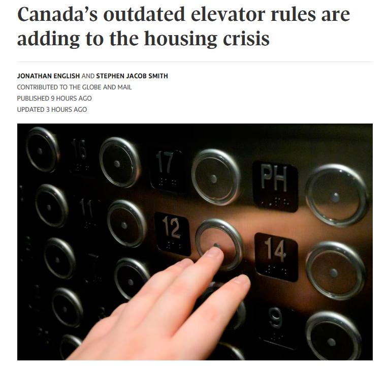Most of the world uses EU elevator standards, which means there's more suppliers and they're much cheaper than in North America (only 5% of the world market). There's nothing stopping Canada from using the EU standards as well as American standards. morehousing.ca/elevator-report