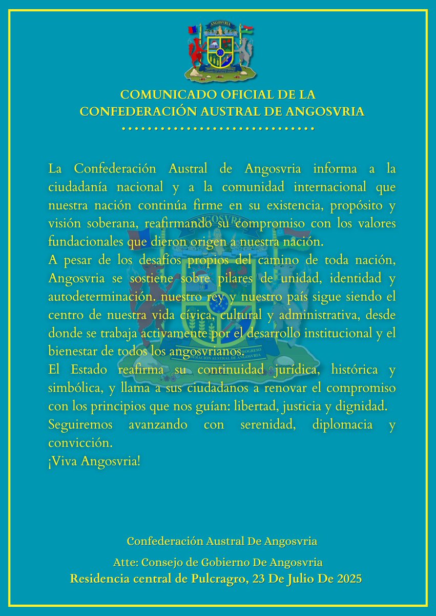 Comunicado oficial de la Angosvria:
#Angosvria #Micronaciones #Micronation #Comunicadooficial