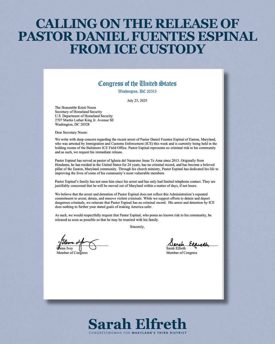 RepSarahElfreth's tweet image. Pastor Espinal has served as pastor of Iglesia del Nazareno Jesus Te Ama since 2015. Originally from Honduras, he has resided in the United States for 24 years, has no criminal record, has raised three children, and has become a beloved pillar of the Easton, Maryland community.…