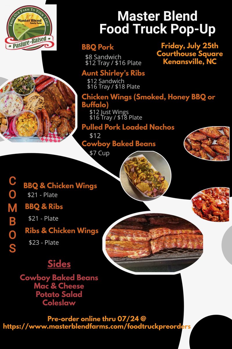 Fresh off the press, to Duplin County, and all surrounding areas. The Master Blend Gang will be back in KVegas this week, bringing that hickory smoked barbecue that you all love. Our side options will consist of your favorite cowboy baked beans, in addition to our world-class