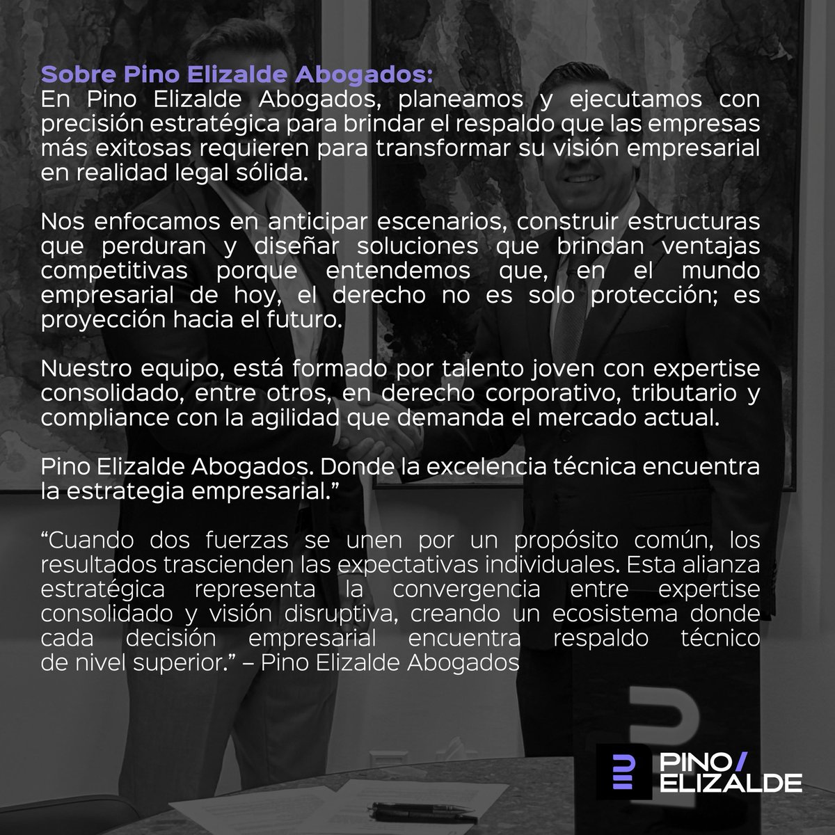 PinoElizalde's tweet photo. Desde Pino/Elizalde nos complace anunciar la firma de una nueva alianza con Inteligencia Empresarial para ofrecer herramientas integrales para una toma de decisiones informada y estratégica. https://t.co/YrnAO5lzqx