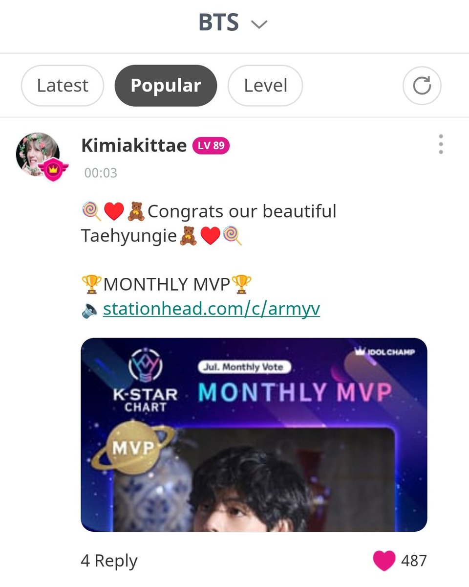 kthvotingteam's tweet image. JULY 24 | Today's Posts Are Up on Idolchamp – BTS Community!
Tasks:
1. LIKE the posts
2. Leave a COMMENT
3. Like ALL replies (up to 30 thumbs-up)
📍EARN CHAMSIMS📍
Please engage with all posts for Tae ASAP!
Also, check the Popular and Levels sections for all Tae-related posts…