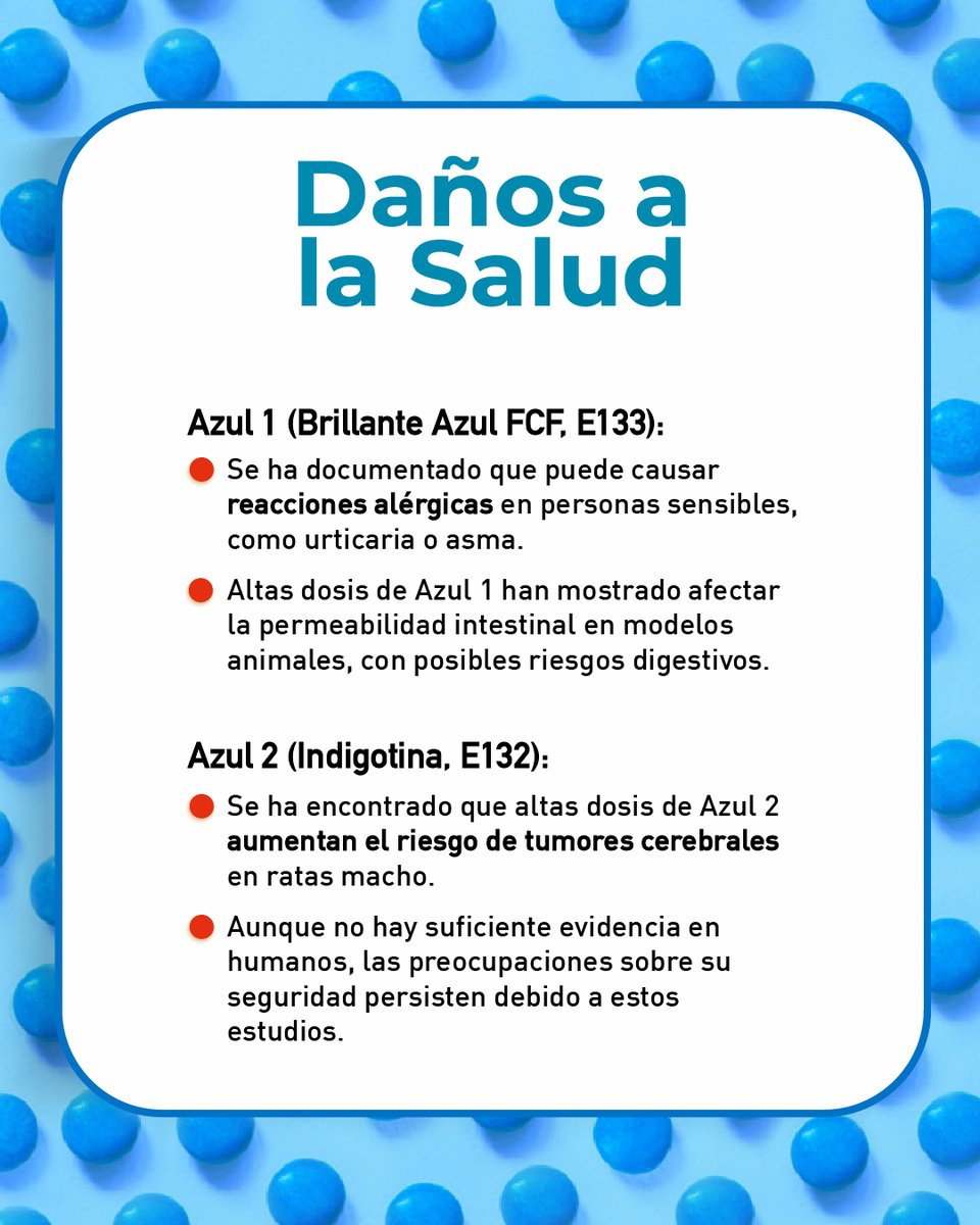 elpoderdelc's tweet image. ¿Y tú sabes qué comes? El color azul en bebidas, pasteles, dulces y botanas se debe principalmente a estos colorantes artificiales 🔵. Pero pocas personas conocen sobre sus impactos y riesgos a la salud:
🔷 Azul 1: Puede provocar reacciones alérgicas y en altas dosis puede…