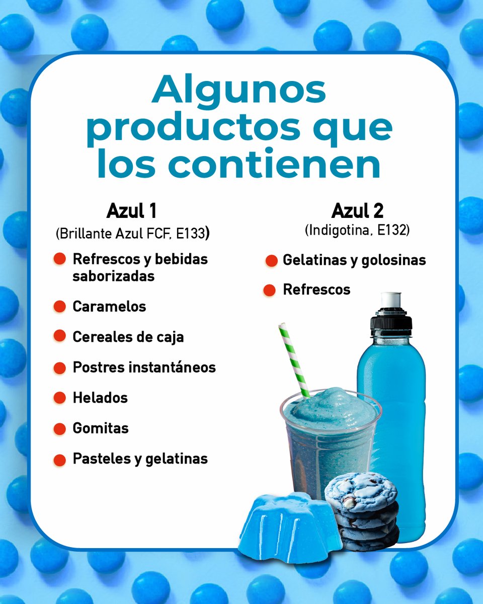 elpoderdelc's tweet image. ¿Y tú sabes qué comes? El color azul en bebidas, pasteles, dulces y botanas se debe principalmente a estos colorantes artificiales 🔵. Pero pocas personas conocen sobre sus impactos y riesgos a la salud:
🔷 Azul 1: Puede provocar reacciones alérgicas y en altas dosis puede…