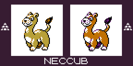 Ma there's a weird cat at the door! It's Neccub! A pure Ground type based on Lion Cubs and Serpopards. They have a mild venomous bite that's great for hunting small prey. Their long necks let them reach inside burrows!
#fakemon #Pokemon #pixelart