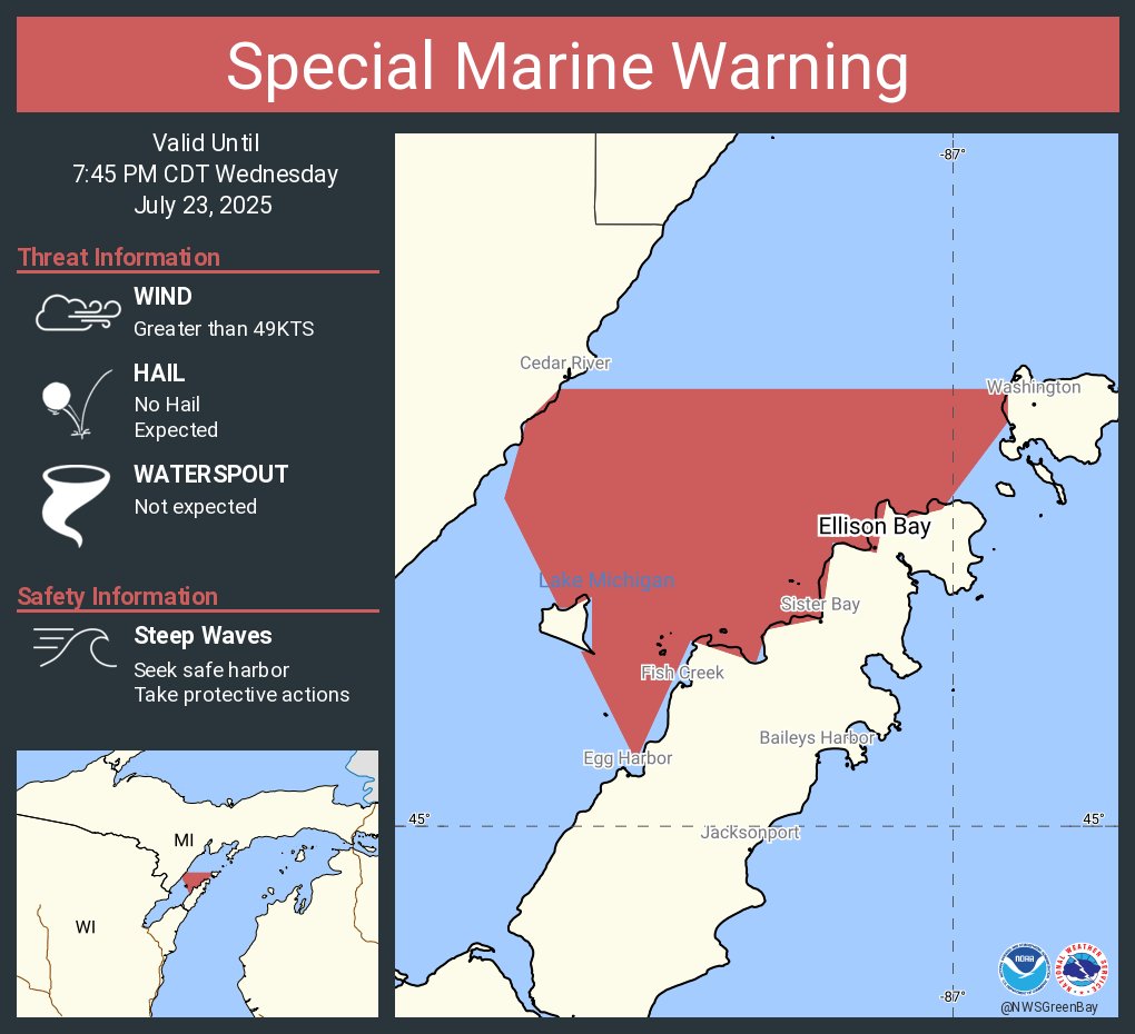 NWSGreenBay's tweet image. Special Marine Warning including the Green Bay south of line from Cedar River to Rock Island Passage and north of a line from Oconto WI to Little Sturgeon Bay WI until 7:45 PM CDT