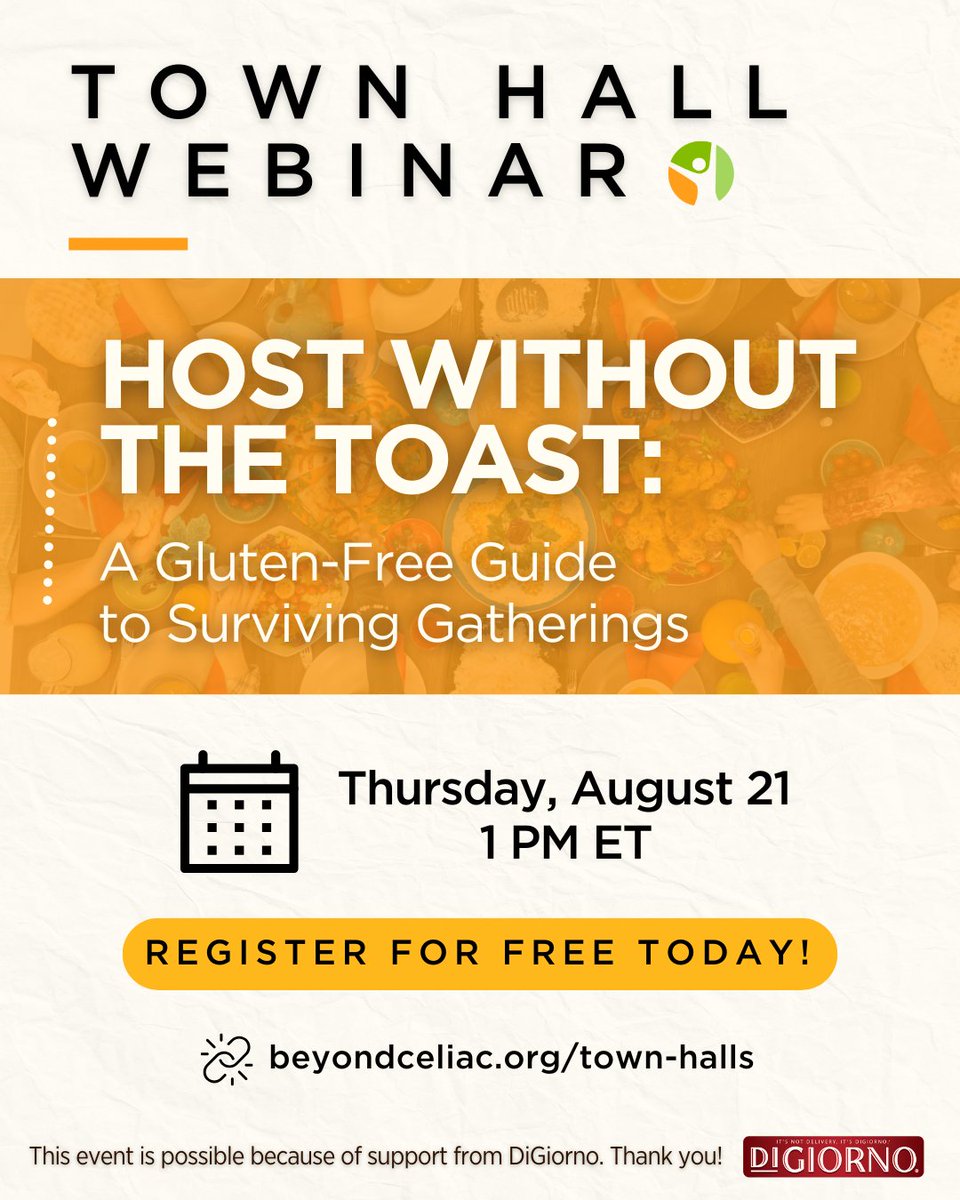 hubs.ly/Q03yDJ9j0

WHEN: Thursday, August 21 at 1 PM ET
WHERE: Virtually over Zoom
WHO: Beyond Celiac staff
COST: Free! 

This event is possible because of support from <a href="/DiGiorno/">DiGiorno</a>. Thank you! 🍕 

#celiacdisease #glutenfree #glutenfreeliving #celiacresearch #townhall