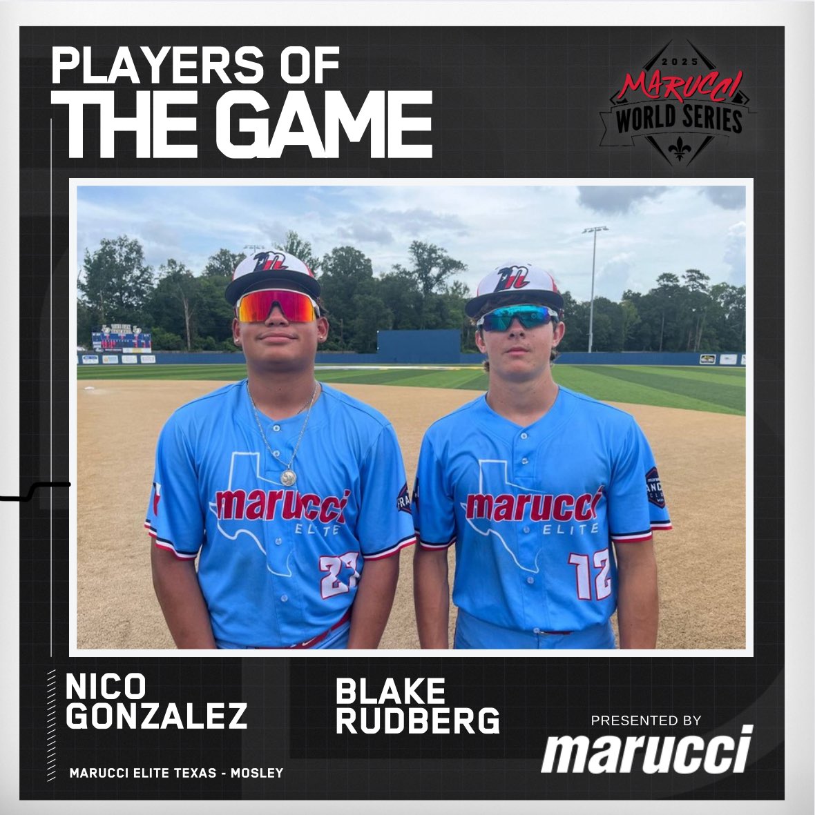 ⭐️Players of the Game⭐️

Nico Gonzalez 
Blake Rudberg 

Marucci Elite Texas - Mosley

#MWS25
@maruccisports