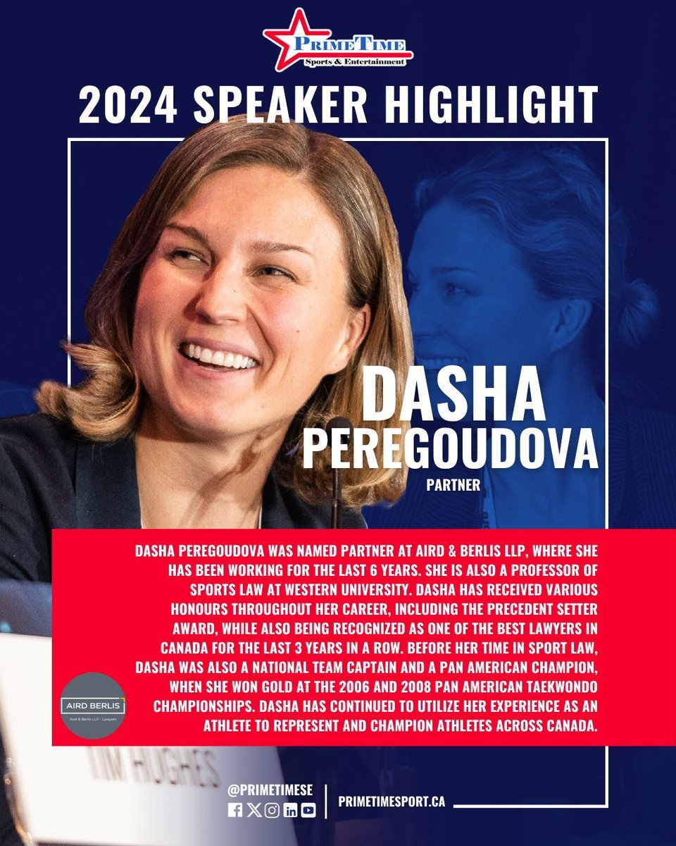 Past Speaker Highlight🔦

✨It’s Dasha Peregoudova!

Dasha was named Partner at Aird &amp; Berlis LLP, where she has been working for the last 6 years. 

In 2024, she spoke during the “Legal Issues in Sport: Protecting Your Players, Team, &amp; League” panel.

#PTSE2025 #SpeakerSpotlight