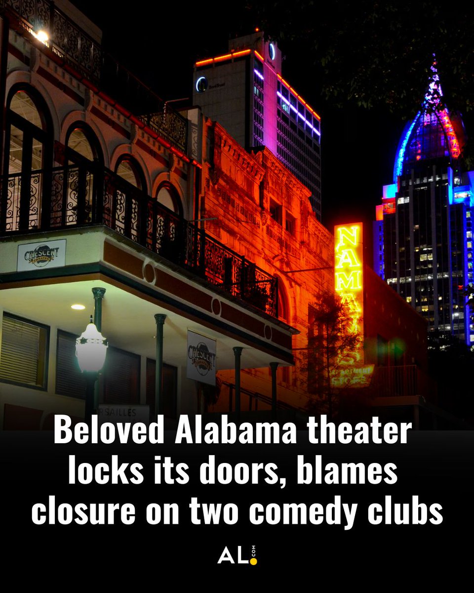 aldotcom's tweet image. The Crescent Theater in downtown Mobile has shut its doors nearly 20 years after its reopening.
The theater’s closure has sparked controversy among business owners in the community who seem to have differing perspectives on its cause.
Read more: al.com/news/2025/07/b…