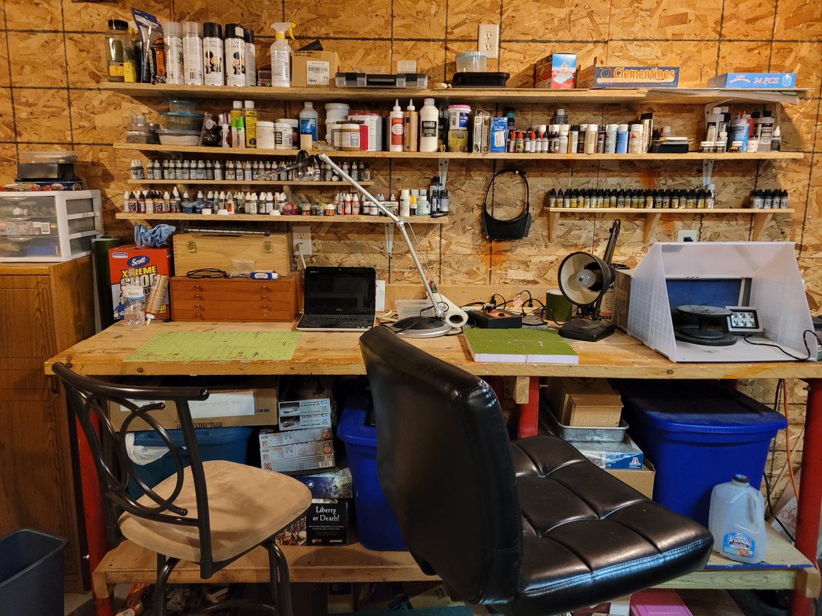 TheBadUncle's tweet image. Shot of the painting area before we took the spray booth down and the boy took over that station (Also have a dining table in here for large projects).
