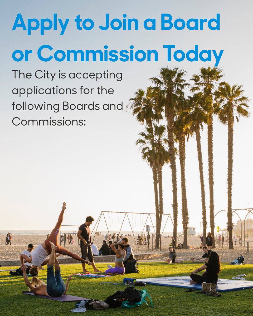 santamonicacity's tweet image. The city of Santa Monica is accepting applications for several vacancies across multiple Boards and Commissions!
For more information including requirements to serve, visit ow.ly/mKK550Wty2G