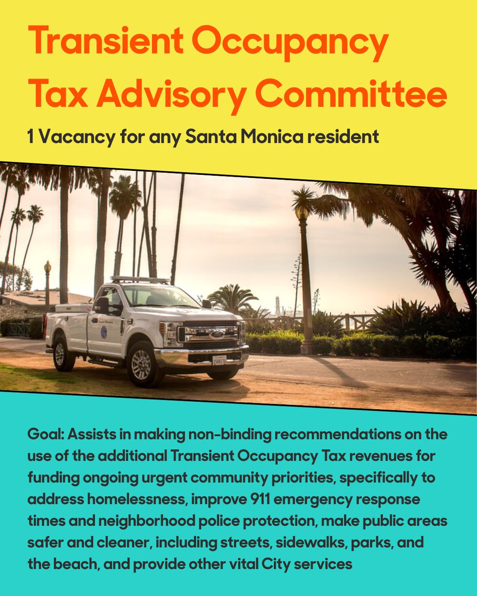 santamonicacity's tweet image. The city of Santa Monica is accepting applications for several vacancies across multiple Boards and Commissions!
For more information including requirements to serve, visit ow.ly/mKK550Wty2G