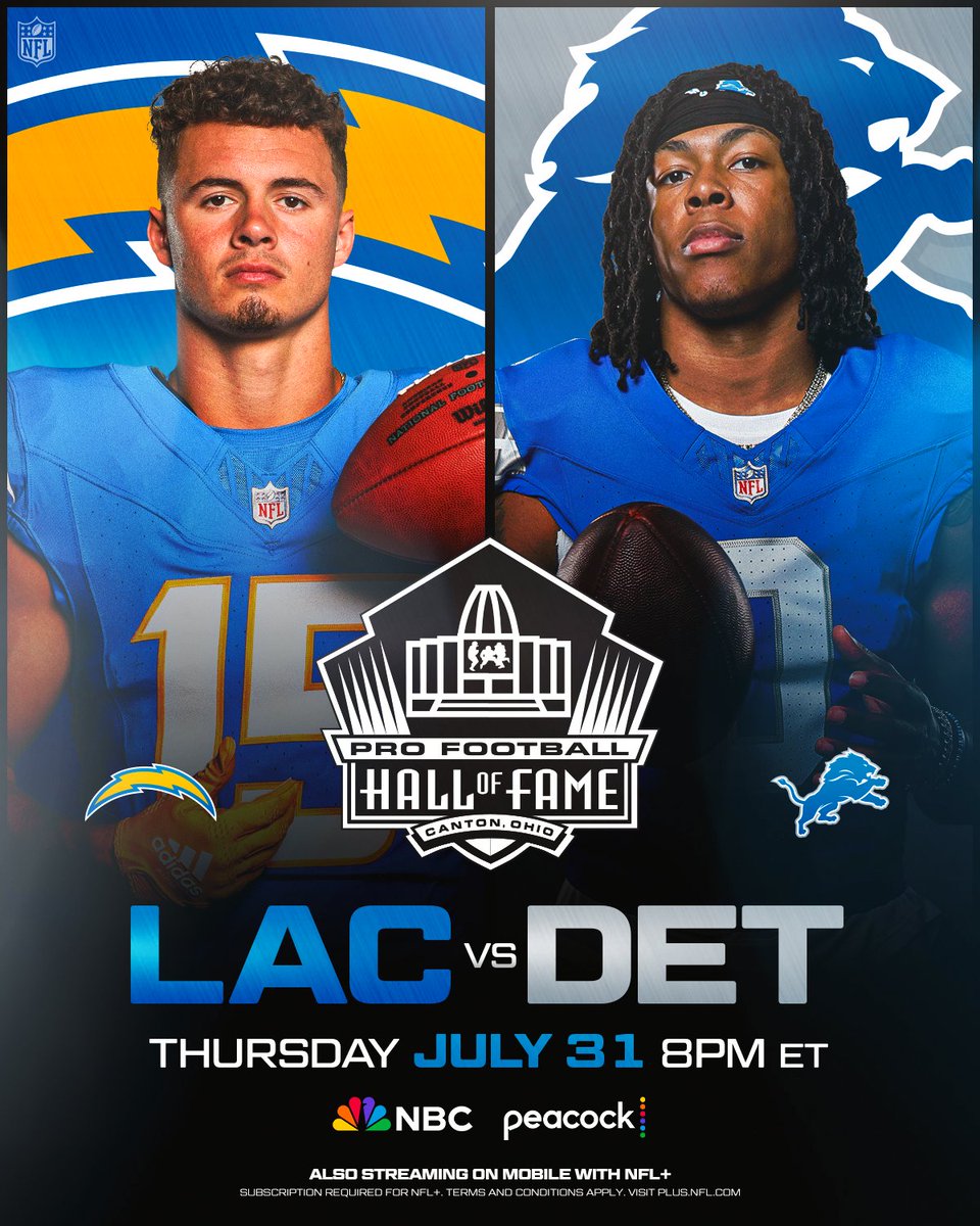 NFL (@nfl) on Twitter photo Just one more week until 🏈
<a href="/chargers/">Los Angeles Chargers</a> | <a href="/Lions/">Detroit Lions</a>
<a href="/ProFootballHOF/">Pro Football Hall of Fame</a> Game -- Thursday 8pm ET on NBC
Stream on <a href="/NFLPlus/">NFL+</a> Just one more week until 🏈
<a href="/chargers/">Los Angeles Chargers</a> | <a href="/Lions/">Detroit Lions</a>
<a href="/ProFootballHOF/">Pro Football Hall of Fame</a> Game -- Thursday 8pm ET on NBC
Stream on <a href="/NFLPlus/">NFL+</a>