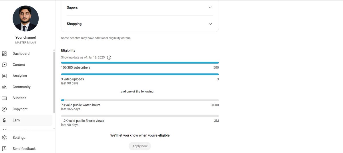 matuagmilan's tweet photo. @TeamYouTube
Hi! My channel @mastermilan749 crossed 106K subs and 4.4K public watch hours (365d view), but the “Earn” tab still shows only 73 hours.

It’s been over 48 hours. Can you please help fix this discrepancy?

🔗 Channel: https://t.co/3n3Uzd8yOH
#YPP #YouTubeMonetization https://t.co/PSaeTdvn0X