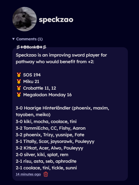 I suggested speck for +2, he totally deserves it 🔥⚔️
Consider upvoting pls