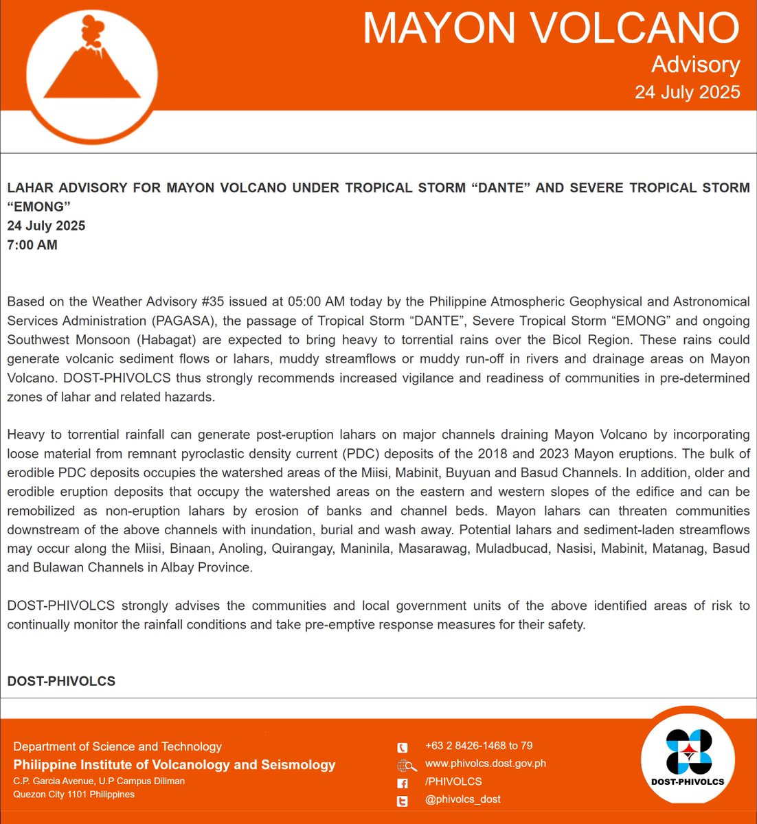 inquirerdotnet's tweet image. UPDATE: Phivolcs issues lahar advisory for Mayon Volcano due to two weather disturbances—Tropical storm #DantePH and Severe Tropical Storm #EntengPH—which are expected to bring heavy to torrential rains over the Bicol Region.

“These rains could generate volcanic sediment flows…