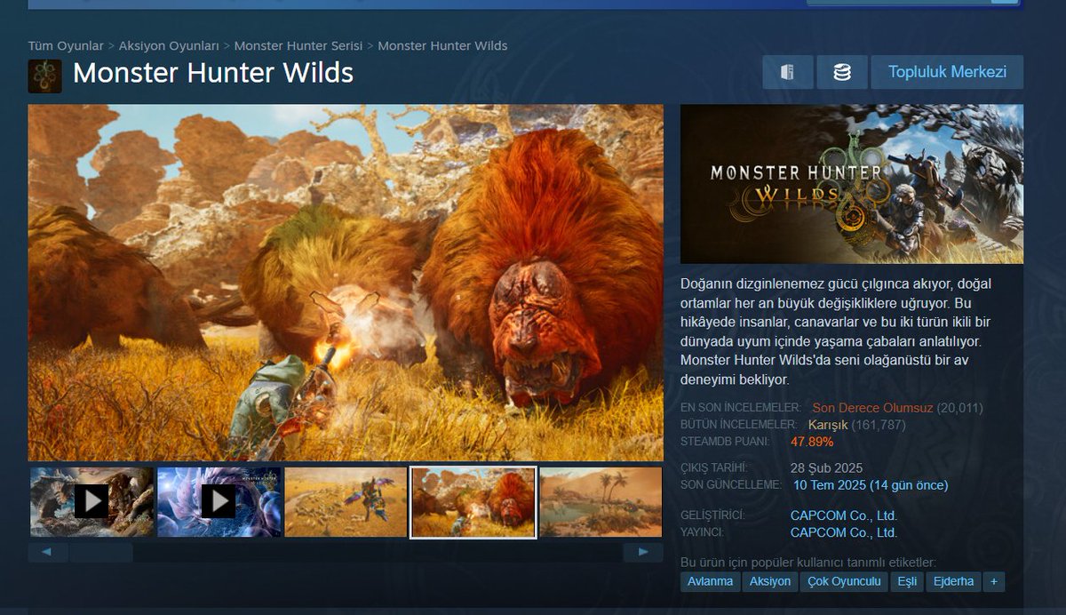 💰Monster Hunter Wilds'ın PC satışları PS5'i ikiye katladı.

🤑Steam'de 6.2 milyon adet, PS5'de 2.9 milyon adet sattı.

💸MH: Wilds Capcom'a yarım milyar dolardan fazla kazandırdı.

2 katı satışa rağmen PC performansı hala berbat.

Son 30 gün: Son Derece Olumsuz