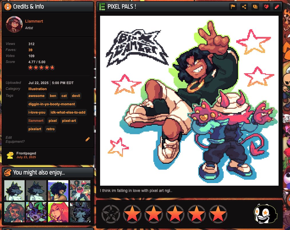 Llammert_'s tweet image. thanks for 3 consecutive front pages in a row LOL
lots of love to those who follow me on newgrounds 🫶