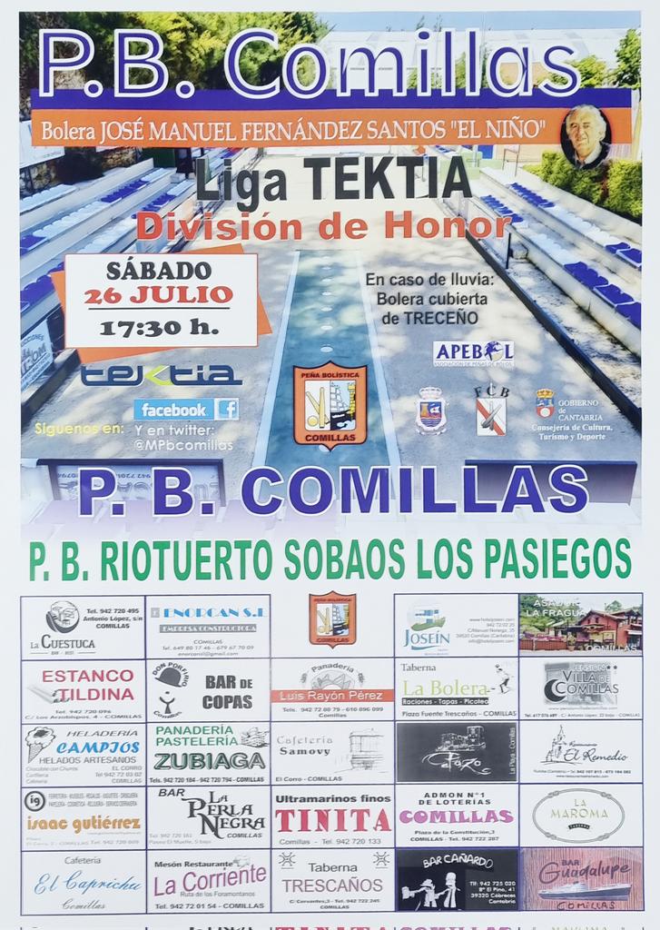 Sábado 26 julio. 17:30 h.
Liga Tektia División de Honor en Comillas. 
#peñabolisticacomillas #apebol #bolopalma #comillas