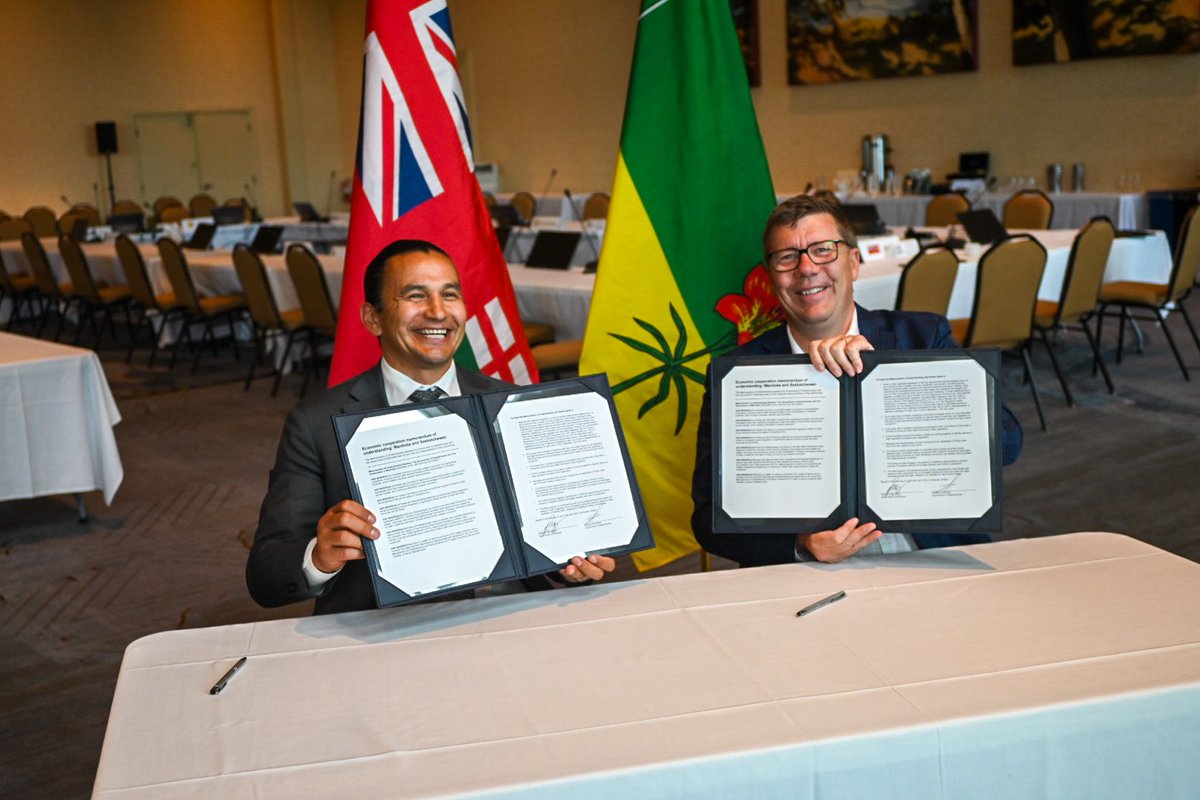 PremierScottMoe's tweet image. This week Manitoba Premier Wab Kinew and I signed a memorandum of understanding with Arctic Gateway Group (AGC) to further strengthen trade through the Port of Churchill.
Last year, goods from our province reached 161 countries around the world, making strong supply chains and…