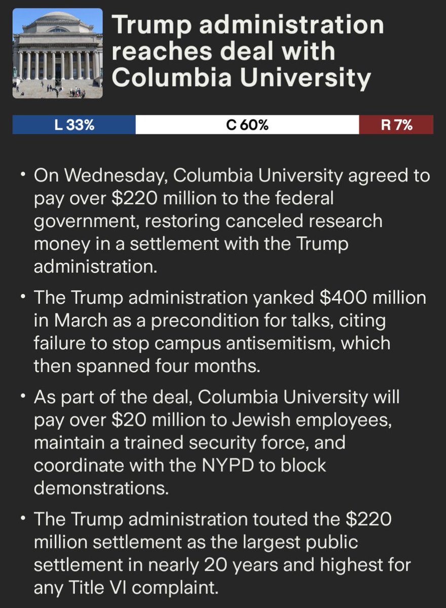 MMward9's tweet image. Columbia University strikes deal with Trump admin: Pays $220M+ to restore $400M in federal funding cut over antisemitism claims. Includes $200M settlement over 3 yrs, $21M to EEOC, plus reforms like mask bans & increased security. Funding eligibility back, with independent…