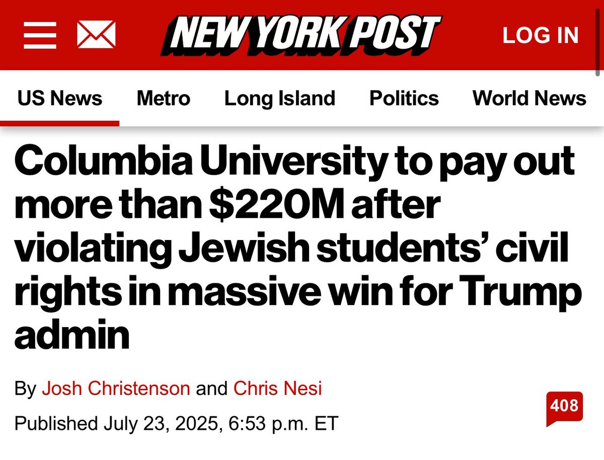 🚨 SHALOM COLUMBIA!

$220 MILLION. That’s the price for turning campus into Hamas HQ.

🔥 $200M to the feds.
🔥 $20M+ to Jewish staff they discriminated against.
🔥 Independent monitors to run their admissions, hiring, and funding.
🔥 Masked protests? BANNED.
🔥 Hamilton Hall