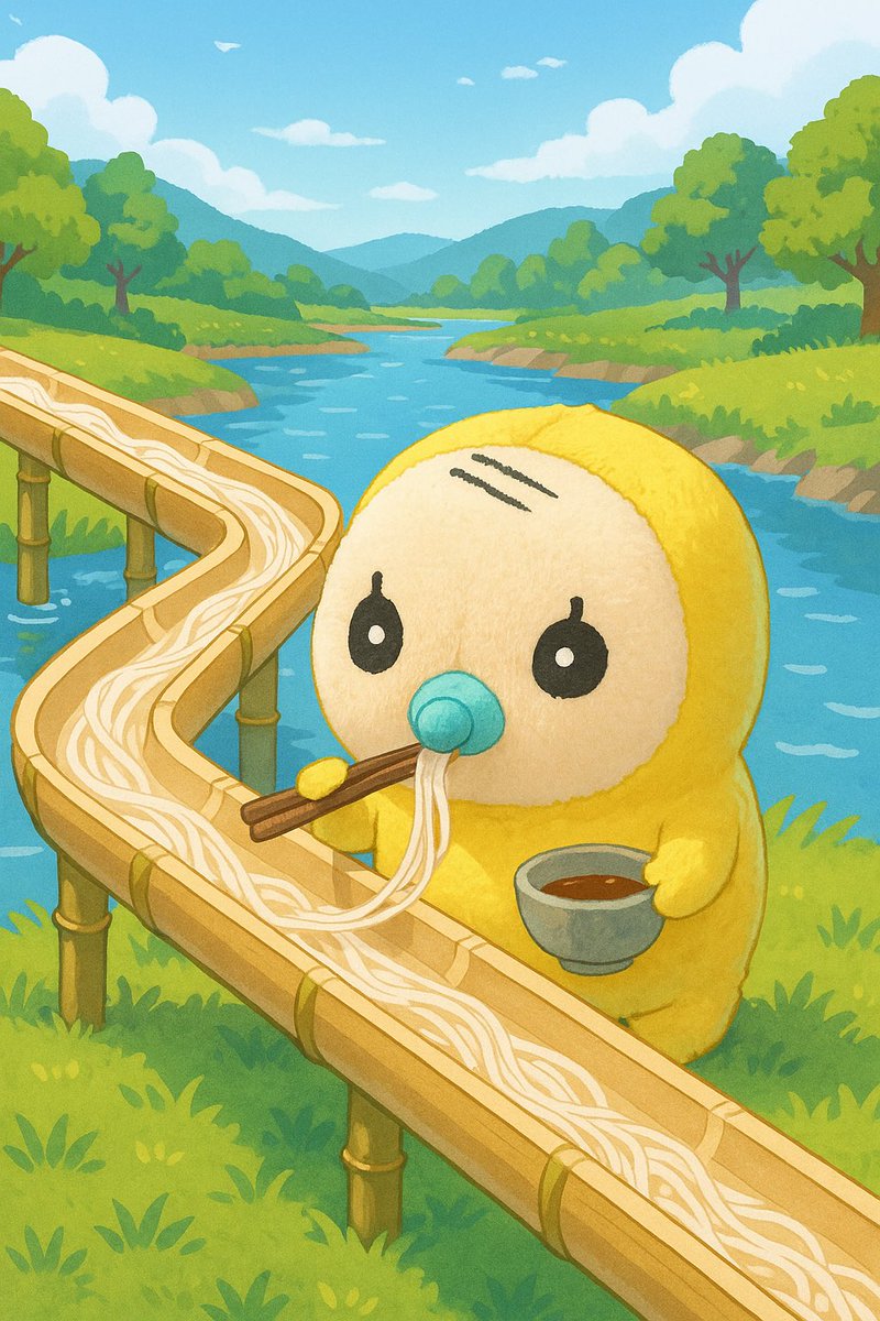 juisudon0826's tweet image. おはようございます☀️

AIに、河原で流しそうめんをしているめめたんの画像を作って貰ったら可愛く出来たのでシェアします☺️

おしゃぶりの所からちゃんと素麺を食べてて偉い💮👏

この食べ方だとどのタイミングで麺つゆに素麺をつけるのかな？🤣

 #めめたん
 #流しそうめん
 #AIイラスト