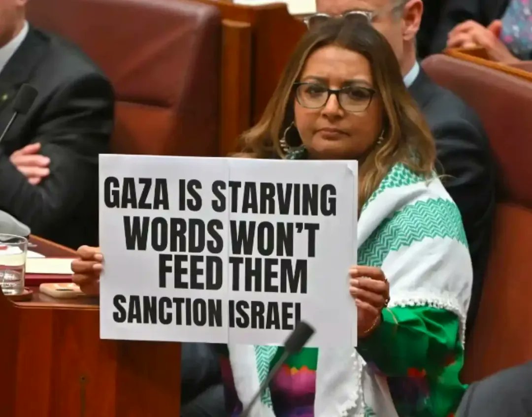 ellensandell's tweet image. Solidarity with Mehreen Faruqi, and shame on Labor - who have now taken more concrete action against a Greens senator protesting genocide than the Israeli government committing it.
Gaza is starving. Words won't feed them. Sanction Israel.