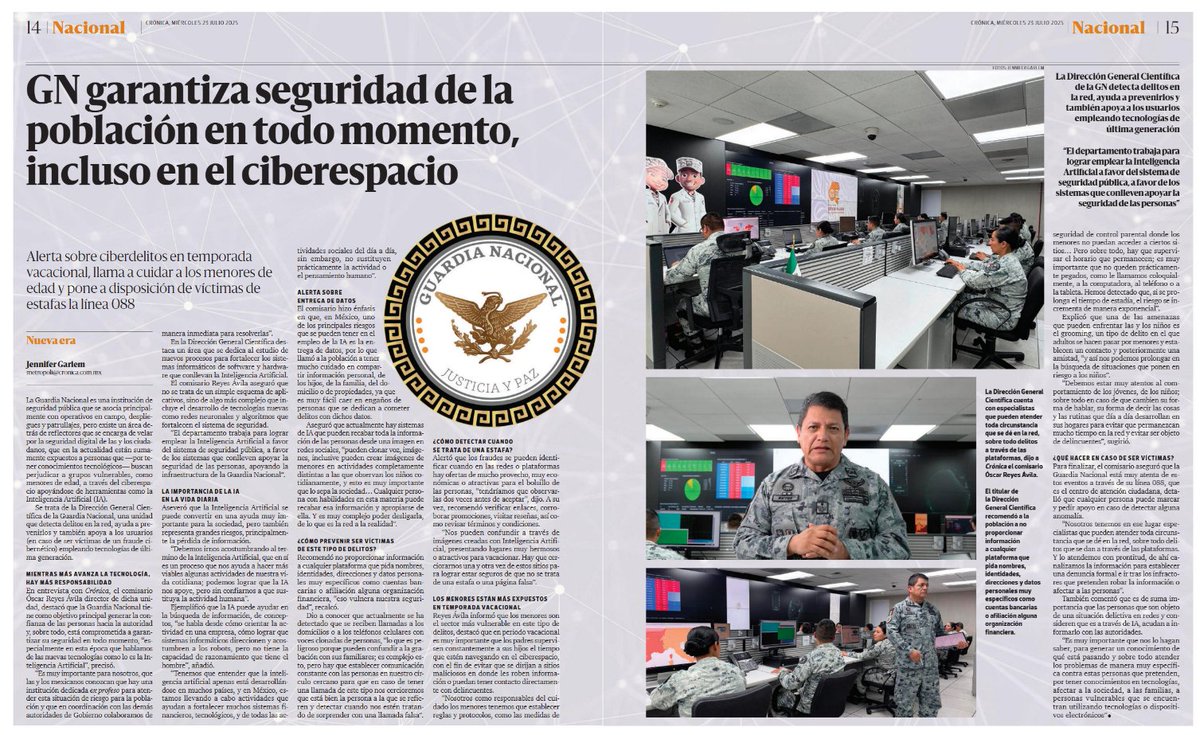 rleon_mx's tweet image. La Guardia Nacional se asocia principalmente con operativos en campo, pero existe un área detrás de reflectores que se encarga de velar por la seguridad digital de las y los ciudadanos, que en la actualidad están sumamente expuestos en el ciberespacio.
cronica.com.mx/nacional/2025/…