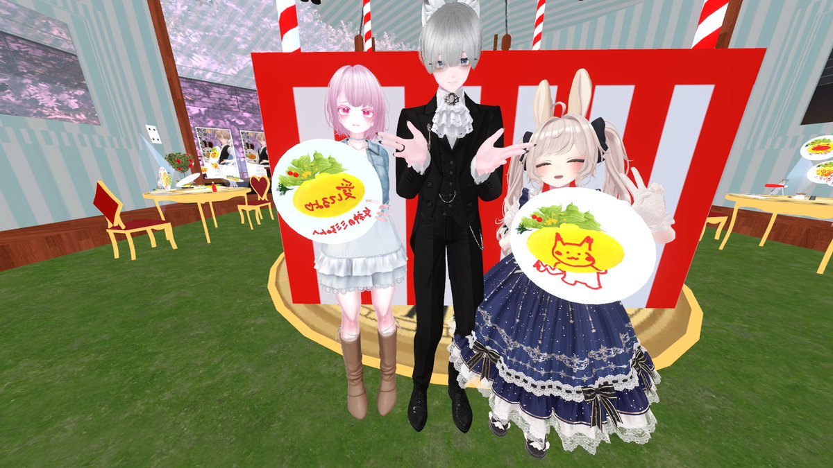 srt_7429's tweet image. 昨日は事前抽選に当たったので
俺のオムライス
さんにあそびに行ってきました🤍
ミミちゃんと行けてうれしかったし
キャストさんもオムライスも
とってもたのしかった😊💓
ぴかちゅうのしっぽは根本が茶色！！！
お写真いつも反転してる🥺
上手になりたい！

#VRChat #VRChatイベント #俺のオムライス