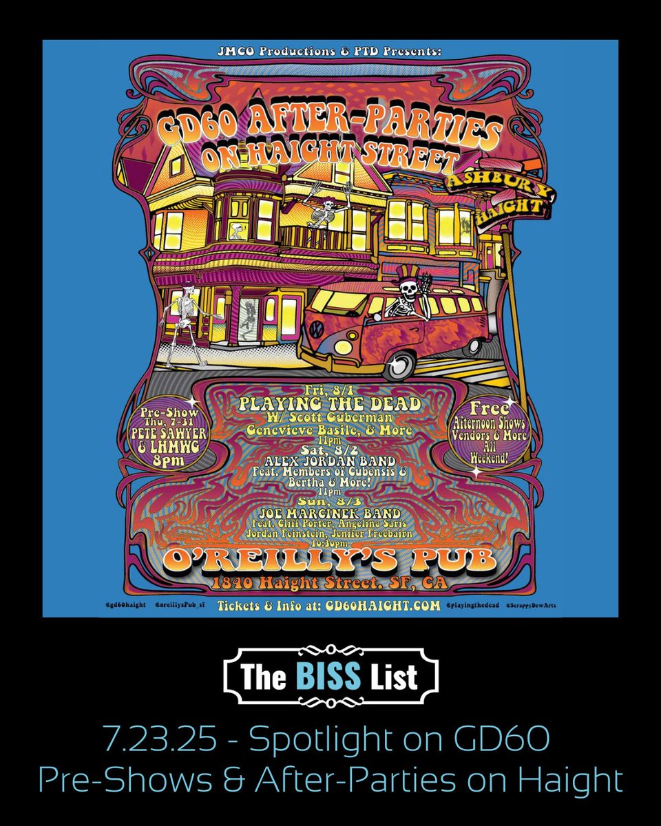 This week's BISS List is out! With a spotlight on GD 60 Pre-Shows &amp; After-Parties on Haight Street at O'Reilly's Pub + the Best of BISS this week. Read it now: bit.ly/BISSList-07-23….

#bisslist #bayareamusic #livemusic #calendar