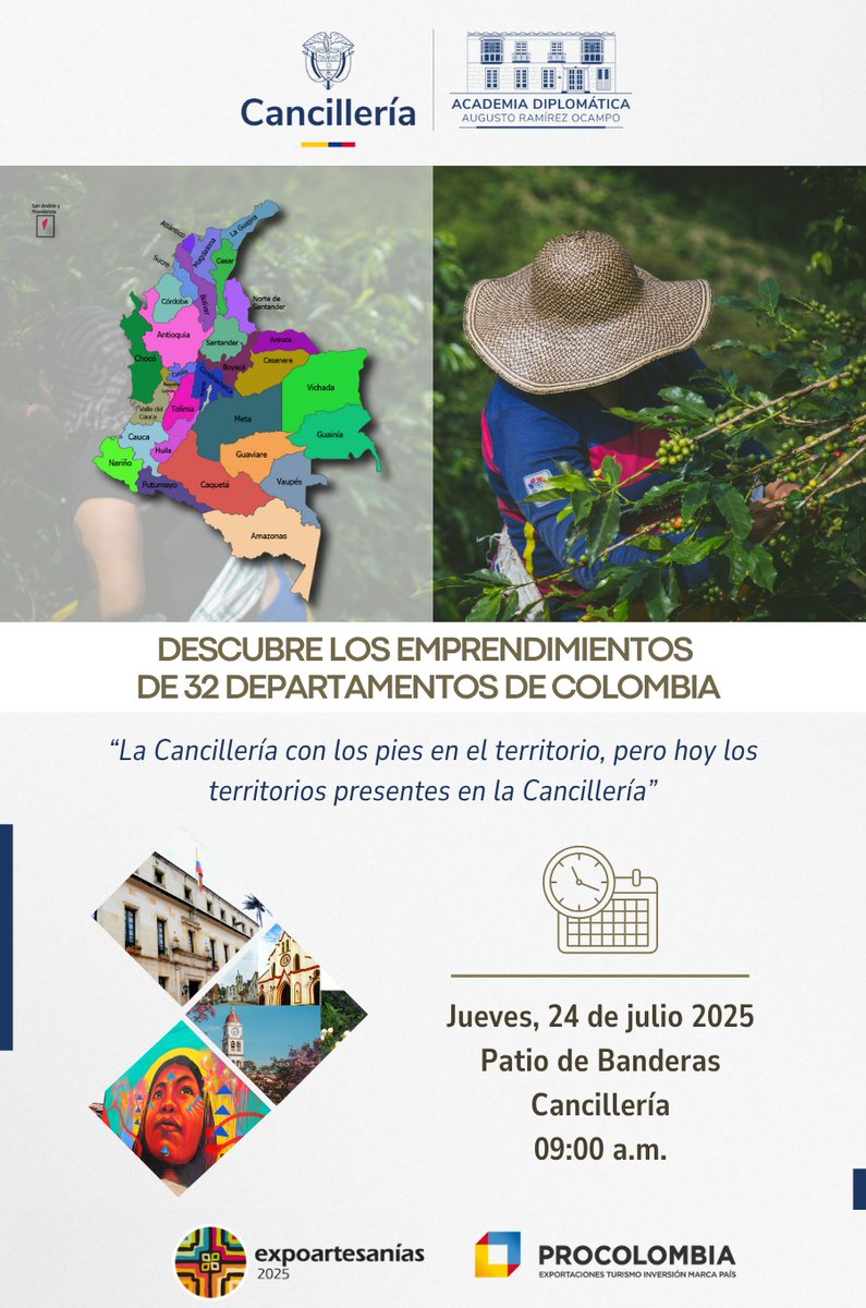 CancilleriaCol's tweet image. ¡Los territorios llegan a la Cancillería!
En el marco del Seminario para el Desarrollo e Internacionalización de los Territorios, los 32 departamentos del país presentarán lo mejor de su talento, cultura y emprendimiento.
Una jornada que reafirma el compromiso del Ministerio…