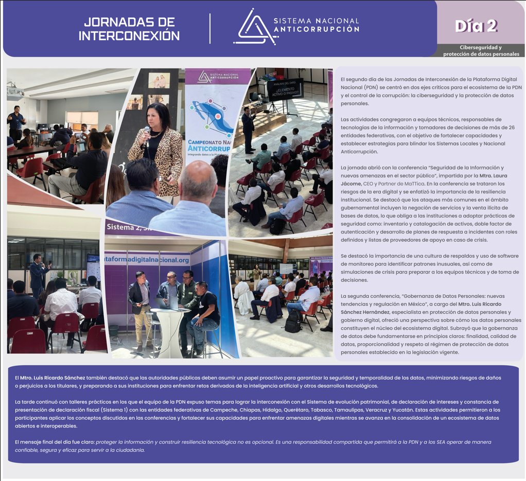 Así fue el segundo día de las Jornadas Interconexión de la Plataforma Digital Nacional #PDN del #SNA. 

Recuerda que las jornadas abarcarán cuatro días intensivos de colaboración entre entes públicos, academia y expertos para contribuir en la lucha sistémica anticorrupción.