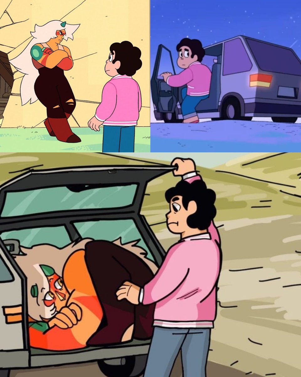 Una de las mejores teorías del fandom de Steven Universe es que Jasper se escondió en el maletero del auto de Steven para acompañar a su Diamante.

Ya hablando enserio, me pareció un TREMENDO desperdicio que no se hayan ido juntos.

Serie- Steven Universe Future.